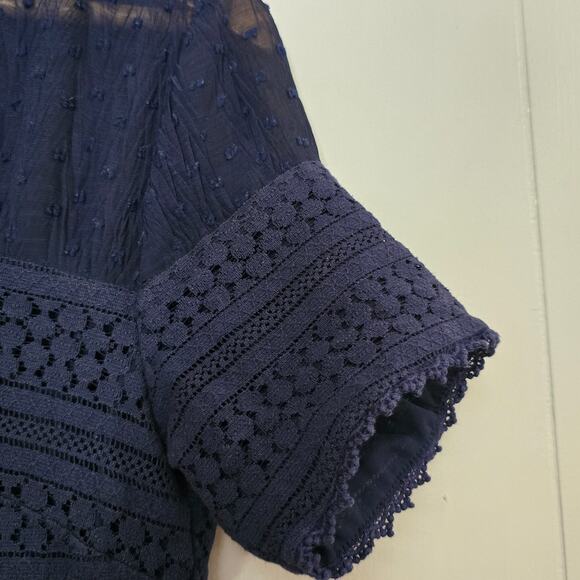 Chelsea28 Dress Lacy Sheath Midi Ruffle Hem Navy Blue Gauze Eyelet Size Large - Picture 5 of 10